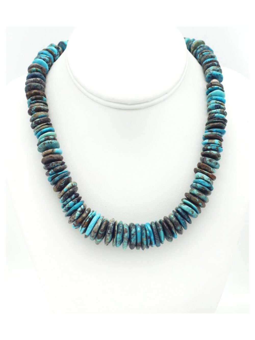 Native American Sterling Long Rondell Disk Turquoise Silver Ball Bead Necklace